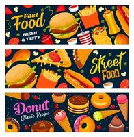 Fast food, straat voedsel hamburgers, drankjes en donuts vector