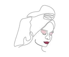 abstract portret van een meisje met een handdoek Aan haar hoofd, hand- getrokken, mono lijn, een lijn kunst. logo van spa salon, massage salon, schoonheid salon vector