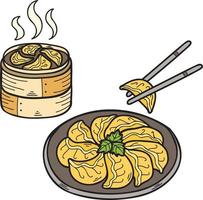 hand- getrokken gyoza of knoedels met bamboe dienblad Chinese en Japans voedsel illustratie vector