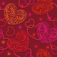 rood achtergrond met koraal kanten harten, silhouetten en contouren van klein harten. naadloos patroon. decoratie voor valentijnsdag dag, romantisch liefde thema. mooi zo voor inpakken, textiel, afdrukken, bruiloft decor vector