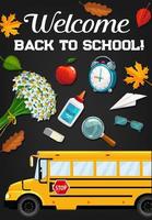school- bus en onderwijs benodigdheden Aan schoolbord vector