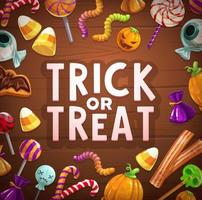 halloween truc of traktatie snoepjes en snoepgoed kaart vector