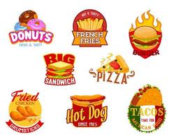 snel voedsel Hamburger, pizza, taco, heet hond pictogrammen vector