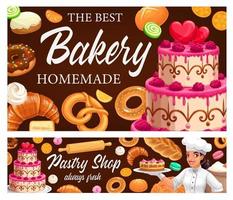 toetjes, cakes en gebakje, bakkerij winkel vector