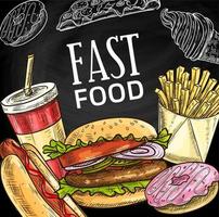 snel voedsel hamburgers, boterhammen en snoepgoed poster vector