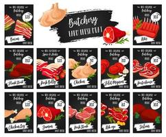 vlees prijs tags van slager winkel voedsel producten vector