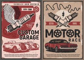 auto reparatie onderhoud, auto motor ras posters vector