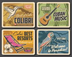 Cubaans kaart, Koninklijk palm en papegaai, gitaar, mariposa vector