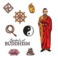 boeddhistisch monnik en Boeddhisme religie heilig symbolen vector