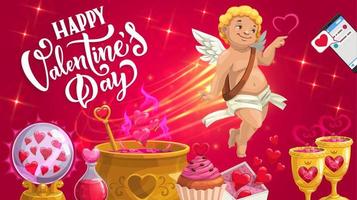 Cupido met liefde toverdrank, rood harten, chocola taart vector