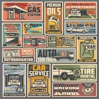 auto onderhoud en auto onderdelen retro vector posters