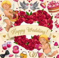 bruiloft uitnodiging, engelen, bloemen en liefde hart vector