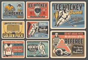 ijs hockey sport spelers, stokken, pucks en skates vector