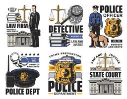 gerechtigheid, Politie en wet, detective pictogrammen vector