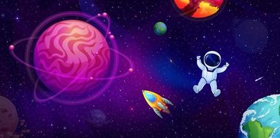 tekenfilm astronaut in buitenste ruimte in sterrenhemel heelal vector