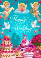 bruid en bruidegom met bruiloft ringen, cadeaus en taart vector