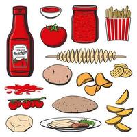 tomaat producten, ketchup saus en snacks voedsel vector