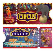 circus kaartjes met clown, jongleur en dieren vector