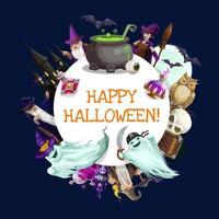 halloween heks en tovenaars met geesten, vleermuizen, uil vector