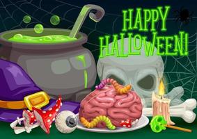 halloween heks hoed, spin, schedel, zombie hersenen vector