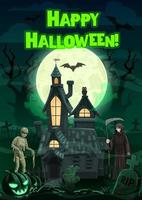 halloween geesten en monsters met achtervolgd huis vector