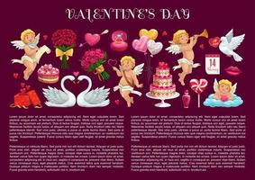 valentijnsdag dag geschenken, liefde harten, taart en cupido's vector
