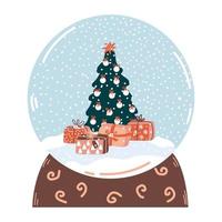 sneeuw wereldbol met Kerstmis boom en geschenk dozen. vector sneeuw bal. Cadeau voor knus winter tijd