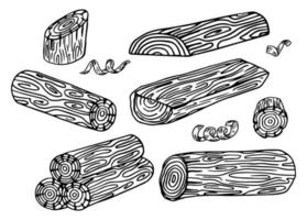 houten set. planken en boomstammen, timmerhout en sneden, brandhout in vintage stijl. stukken boom. vectorillusie voor uithangbord, labels, logo of banner. kampvuur materiaal. gegraveerde handgetekende schets. vector