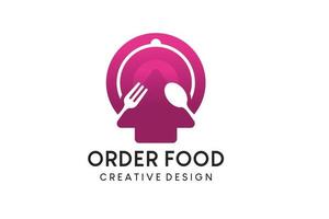 online voedsel logo ontwerp, voedsel bestellen logo vector illustratie met bestek en pijl icoon concept