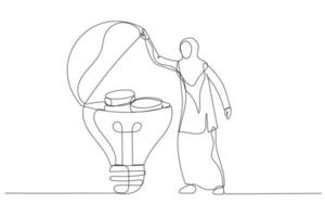 tekening van Arabisch moslim zakenvrouw zetten licht lamp in een varkentje bank concept van mooi zo bedrijf idee. doorlopend lijn kunst vector