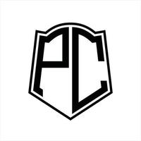 pc logo monogram met schild vorm schets ontwerp sjabloon vector