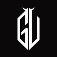 gu logo monogram met toeter vorm geïsoleerd zwart en wit ontwerp sjabloon vector