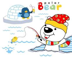 vector tekenfilm van polair beer en pinguïn visvangst in ijs land. antarctica element tekenfilm