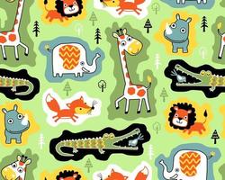 naadloos patroon vector van hand- getrokken dieren in het wild dieren tekenfilm met bomen