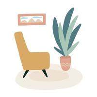 schattig interieur ontwerp met fauteuil en kamerplant. vector interieur illustratie