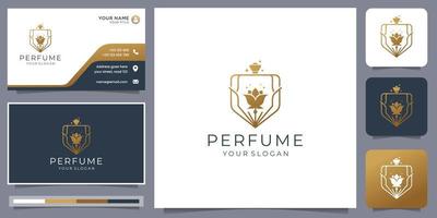 vrouwelijk schoonheid parfum logo ontwerp met creatief lineair fles stijl en luxe bloemen roos ontwerp. vector