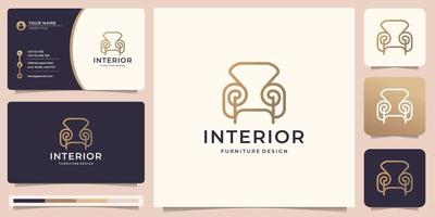 interieur logo stoel ontwerp sjabloon met bedrijf kaart inspiratie, luxe stoel, lijn kunst stijl. vector
