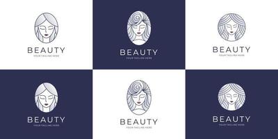 reeks van vrouwelijk schoonheid Dames logo ontwerp. haar- besnoeiing logo, elegant schoonheid gezicht, schoonheid branding logo. vector
