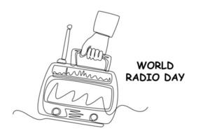 single een lijn tekening hand- Holding een klassiek radio. wereld radio dag concept. doorlopend lijn trek ontwerp grafisch vector illustratie.