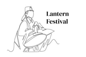 doorlopend een lijn tekening traditioneel Chinese muzikanten spelen trommel instrument voor vieren lantaarn festival. lantaarn festival concept. single lijn trek ontwerp vector grafisch illustratie.