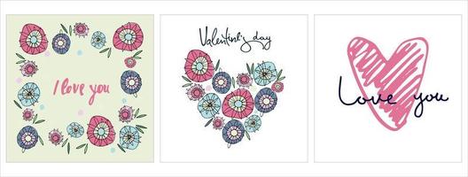 reeks van gelukkig valentijnsdag dag groet kaarten ontwerpen met hand- getrokken harten, bloemen en belettering vector