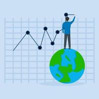 wereld economie concept, globaal voorraad markt diagram of Internationale economie concept, financieel statistieken of investering gegevens, deskundige zakenman staand Aan aarde tekening financieel grafieken en grafieken. vector