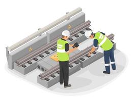 spoorweg ingenieur inspecteur inspecteren bouwkunde bouw van skytrain brug na onderhoud isometrische geïsoleerd vector