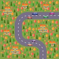 plan van dorp. landschap met de weg, Woud, auto's en huizen. vector illustratie