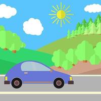 blauw auto Aan een weg Aan een zonnig dag. zomer reizen illustratie. auto over- landschap. vector