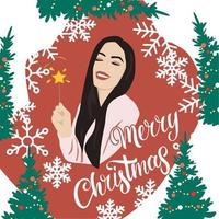 glimlachen vrouw met magie toverstaf aan het wachten voor kerstmis. feestelijk groet kaart ontwerp. vrolijk Kerstmis belettering. vector illustratie.