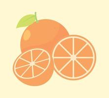 oranje fruit tekenfilm vlak illustratie ontwerp. vers geheel en voor de helft oranje fruit met bladeren. zomer fruit voor gezond levensstijl. biologisch fruit vector