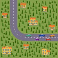 plan van dorp. landschap met de weg, dennenbos, auto's en huizen. vector illustratie