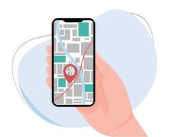 hand- Holding mobiel telefoon met kaart visie. mobiel navigatie. GPS navigatie plaats. plaats kaart toepassing in smartphone vector