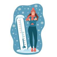 een vrouw bevroor in winter met een verkoudheid temperatuur. meteorologie thermometer. vector